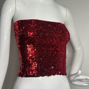 Red Sequin Sz Small Strapless Elastic Tube Top